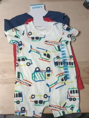 Carter's White Romper with Colorful Vehicle Print